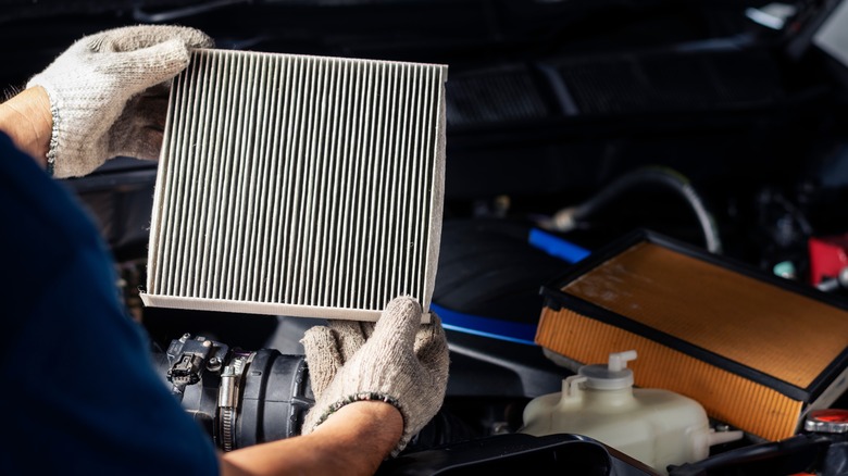 Person holding engine filter