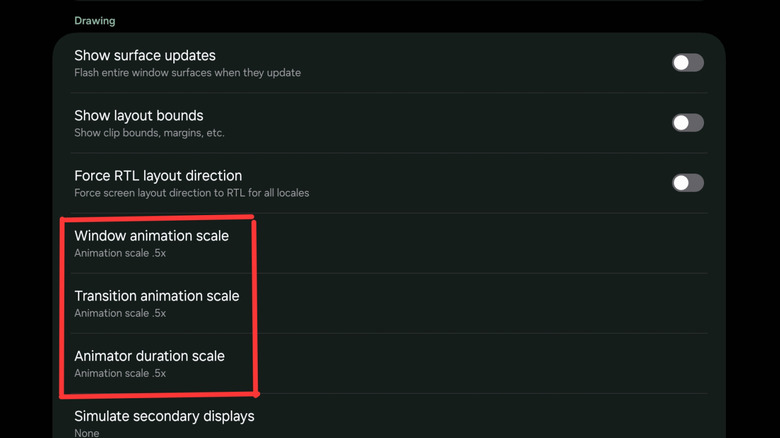 Animation scale settings in Samsung One UI Developer Options