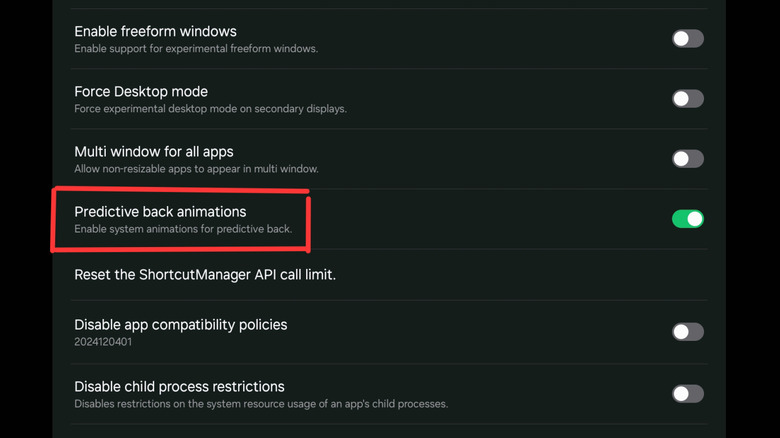 Predictive back animations in Samsung One UI Developer Options