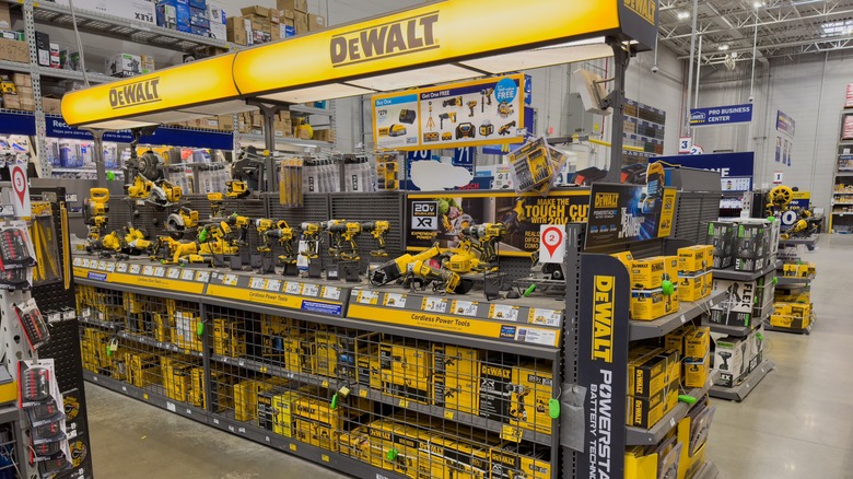 A DeWalt tool display in a hardware store