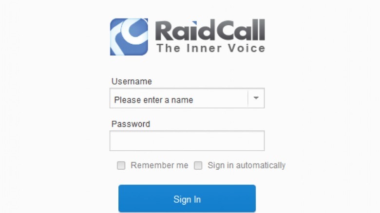 The login screen for RaidCall