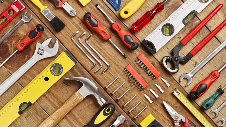 An aerial shot of various hand tools.