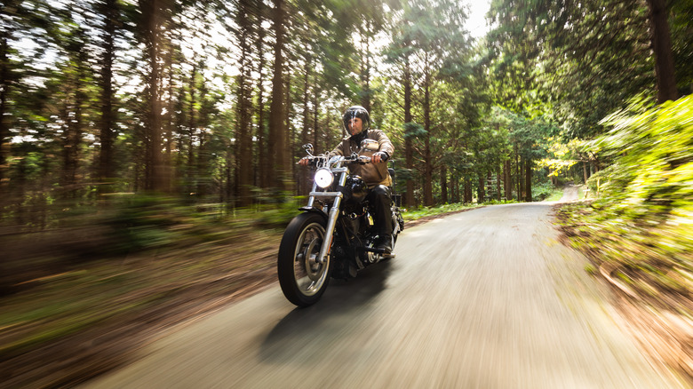 man riding his Harley-Davidson motorcycle on the road