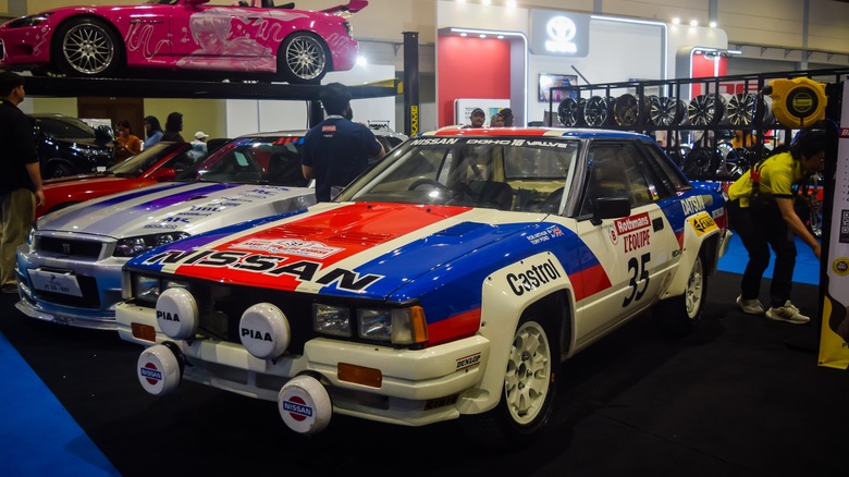 The Nissan 240RS at an exhibition, front 3/4 view