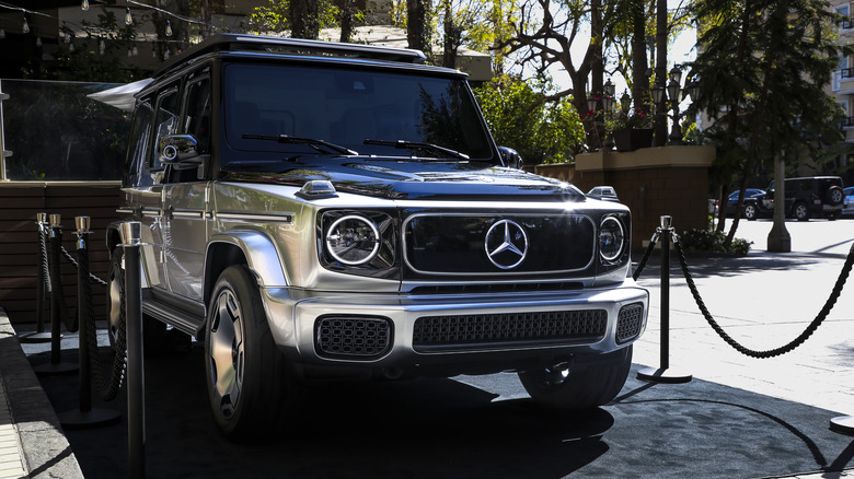 The Mercedes EQG concept car on display, front 3/4 view