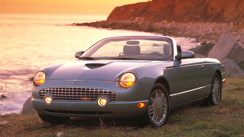 The 2001 Ford Thunderbird in sky blue, front 3/4 view