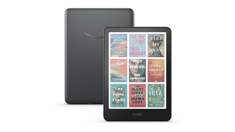 Front and back view of black e-reader displaying book covers