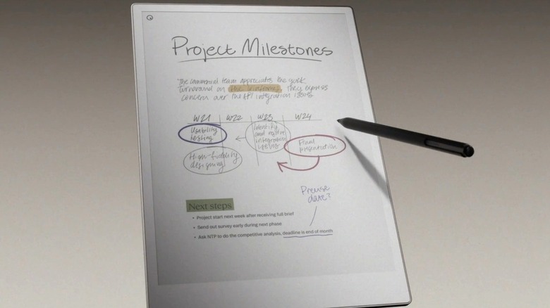 White notepad-like device with stylus writing project milestones