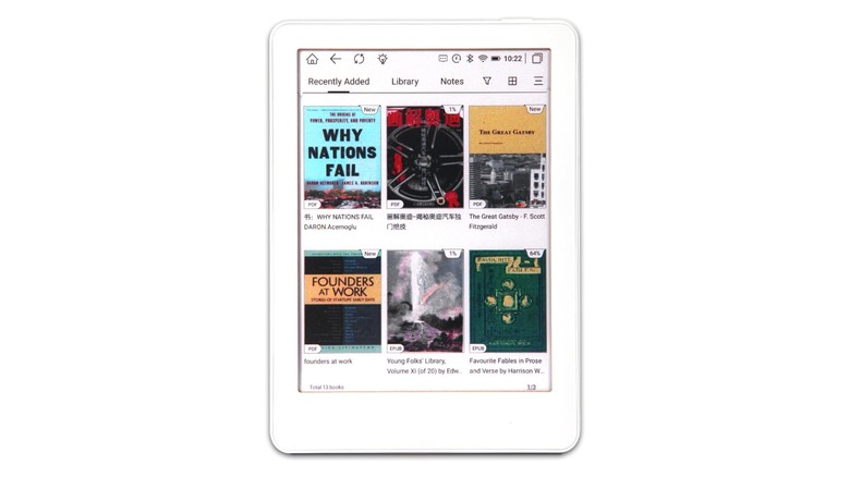 White device with books displayed on a screen