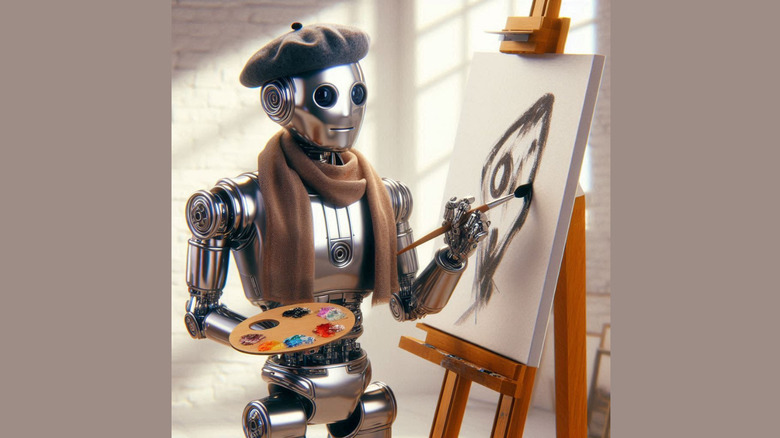 An AI-generated image of a robot wearing a beret painting a picture on a canvas, created on Copilot