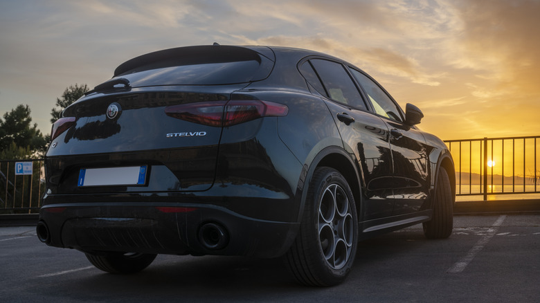 back of Alfa Romeo Stelvio Quadrifoglio with sunset