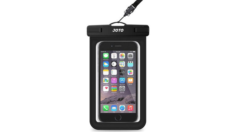 iPhone inside a Joto waterproof pouch with lanyard