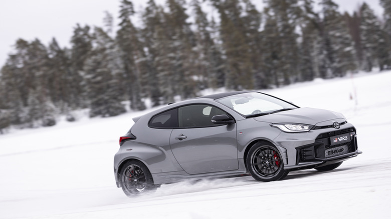 Toyota GR Yaris driving on snow