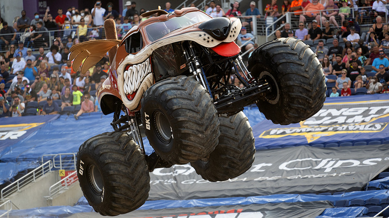 Monster Mutt catching air at a stadium