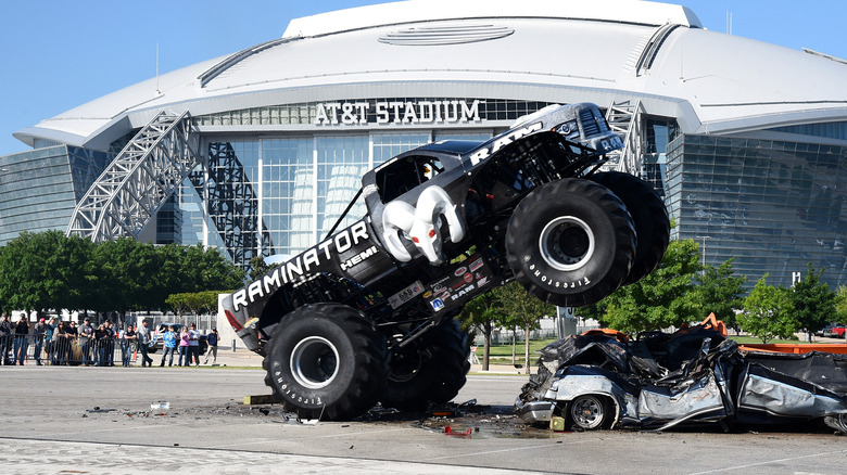 The Raminator running over a scrap pickup truck