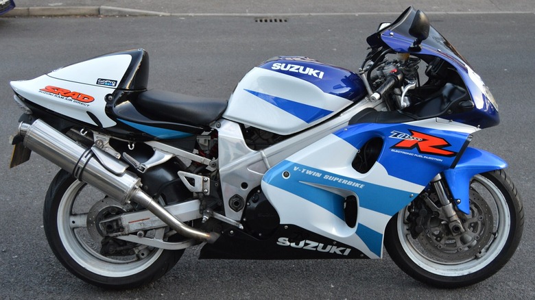 Blue and white suzuki TL1000