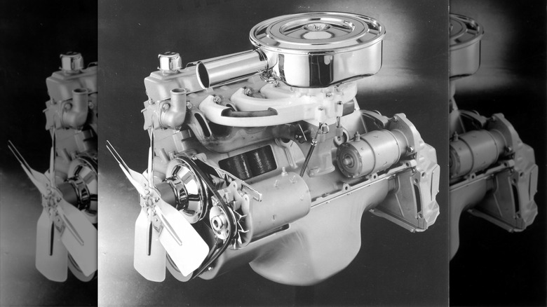 1960 Slant Six engine in black and white