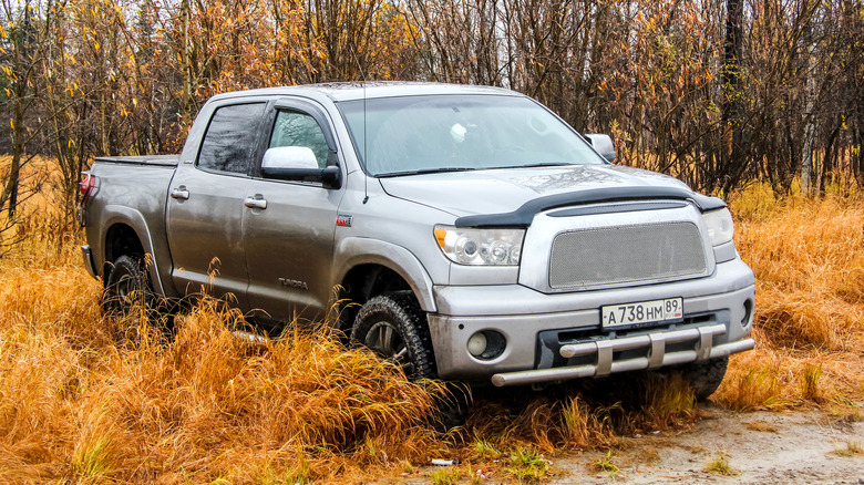 A gray Toyota Tundra outside in the autumn