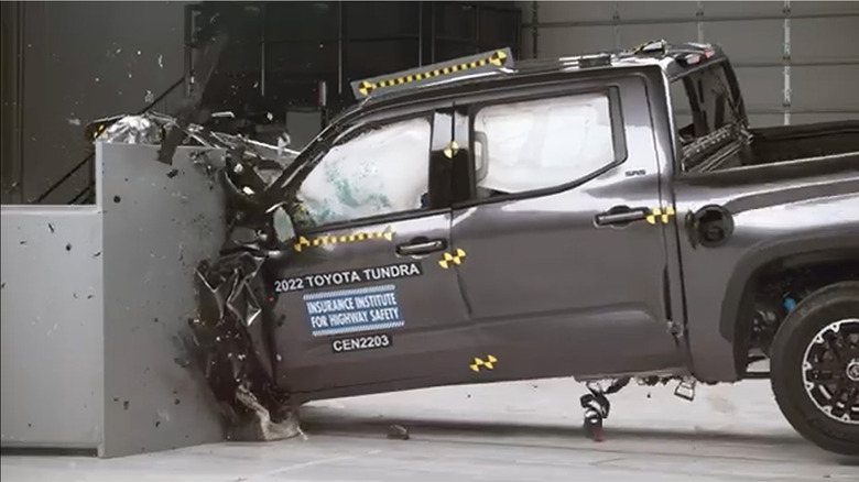 A 2022 Toyota Tundra being crash tested by the IIHS