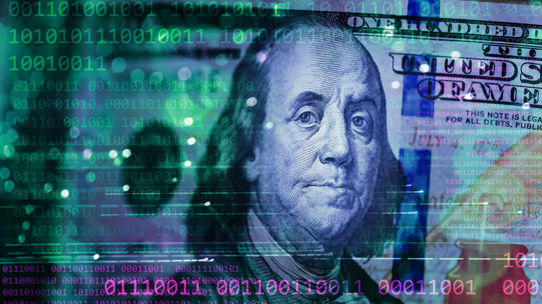 A $100 bill overlayed against a background of binary code