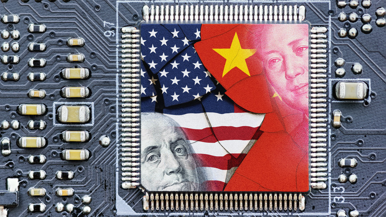 Illustration of American and Chinese flags and currency against a motherboard background