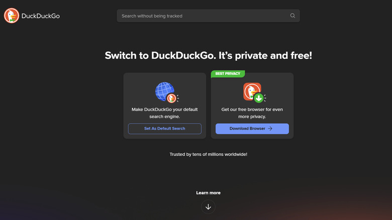 DuckDuckGo search engine landing page