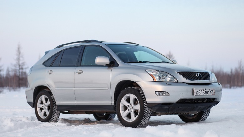 silver Lexus RX350 in the snow