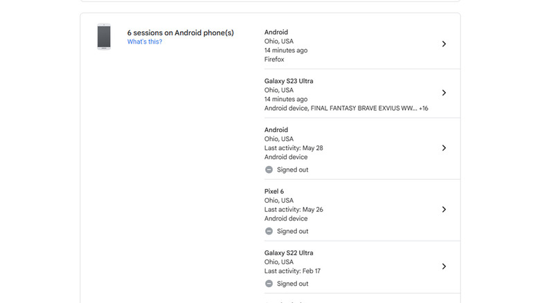 Google Device Activity showing a list of Android phones