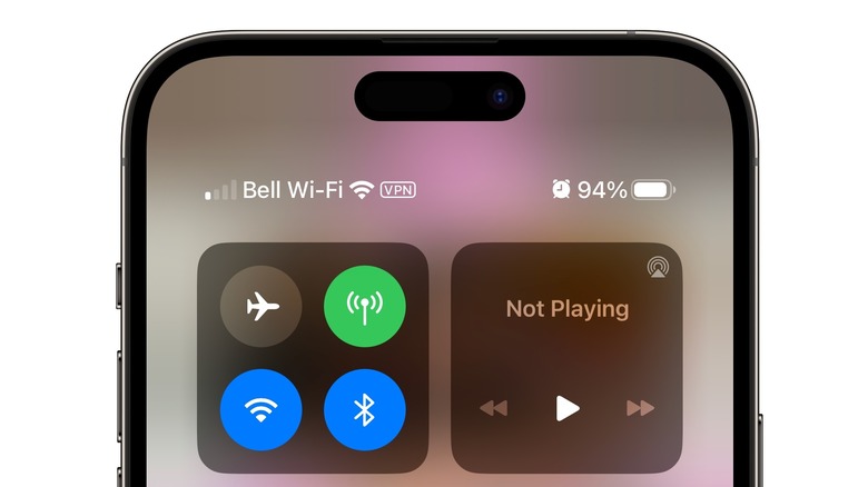 iPhone Control Panel with Wi-Fi and VPN active.