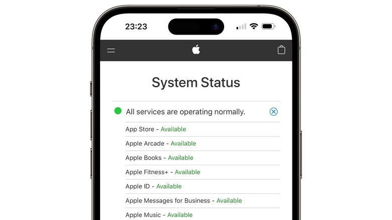 iPhone showing Apple System Status page.