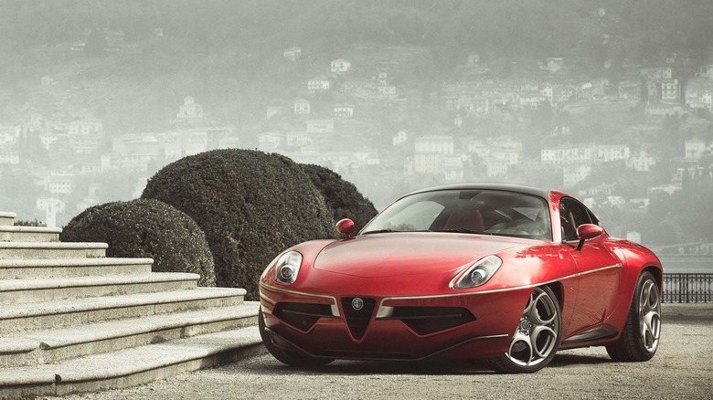 The Alfa Romeo Disco Volante by Touring in red, front 3/4 view