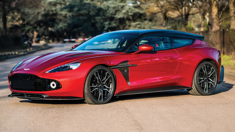 The Aston Martin Vanquish Zagato Shooting Brake in red, front 3/4 view