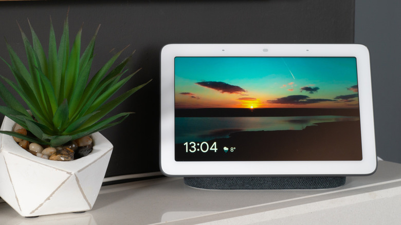 Google Nest Hub 7 kept on a table next to a plant while displaying a photo and the time