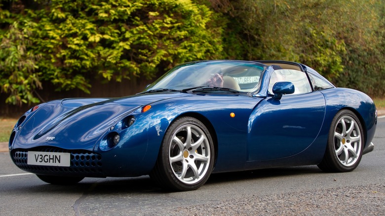 Blue TVR Tuscan with roof off