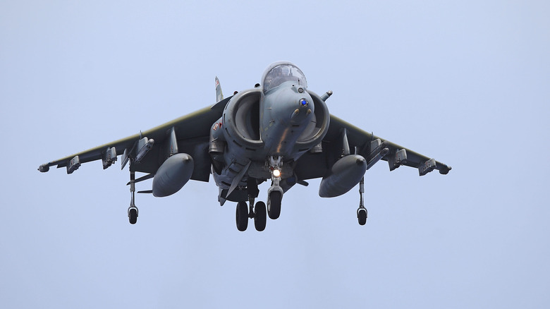 Harrier jet hovering in the air
