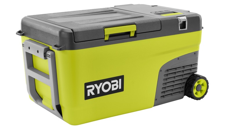 Green and black drink cooler on wheels featuring the Ryobi name