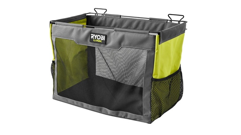 Mesh-sided box with a side pocket and an open top