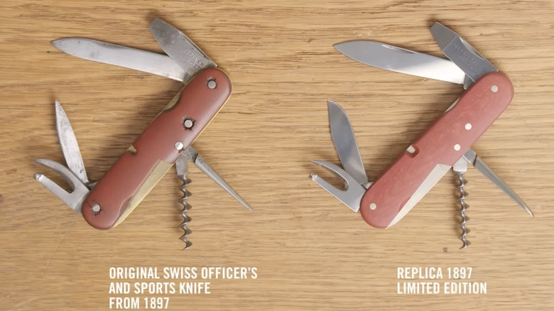 An original "Officer's and Sports Knife" Swiss Army Knife from 1897 next to a replica version.