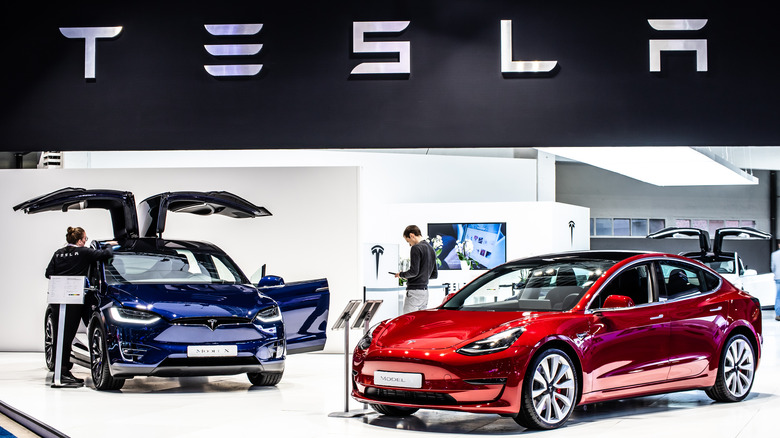 Tesla cars at an expo.