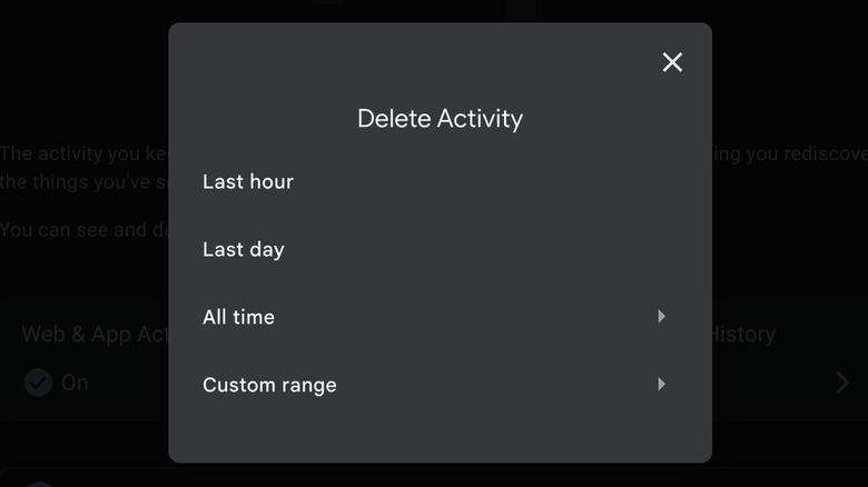 Google delete activity screen