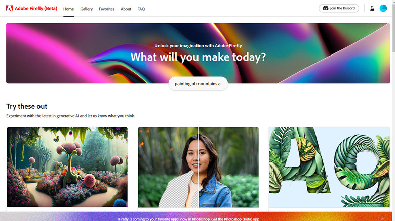 Adobe Firefly web app homepage