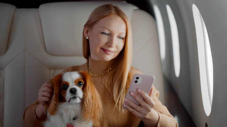 Woman using phone on private jet