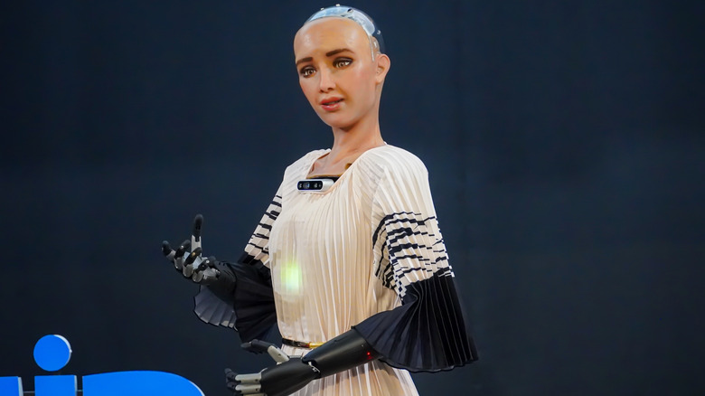 Humanoid robot Sophie on stage at a conference