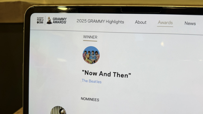 The announcement of The Beatles' Grammy victory on the official website.