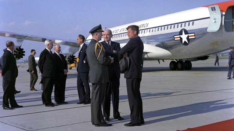 President Kennedy on tarmac in front of air force one