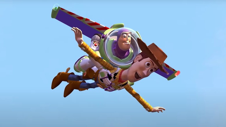 Buzz lightyear and Woody flying in Toy Story