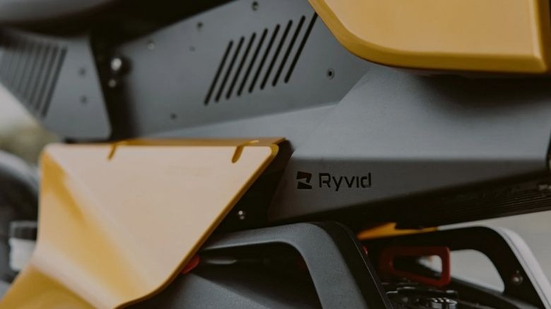 Up close image of Ryvid's Anthem motorcycle with Ryvid loco