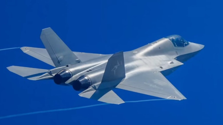 A J-35A flying over blue skies at the Zhuhai Airshow in November 2024