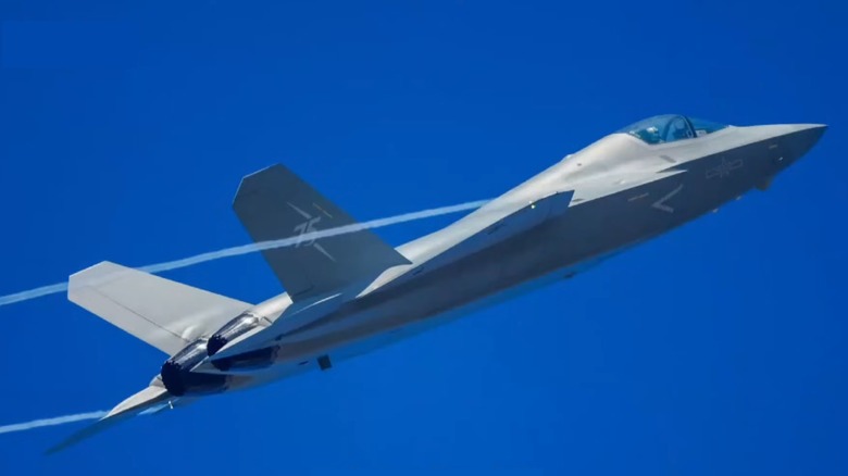 A J-35A flying over blue skies at the Zhuhai Airshow in November 2024