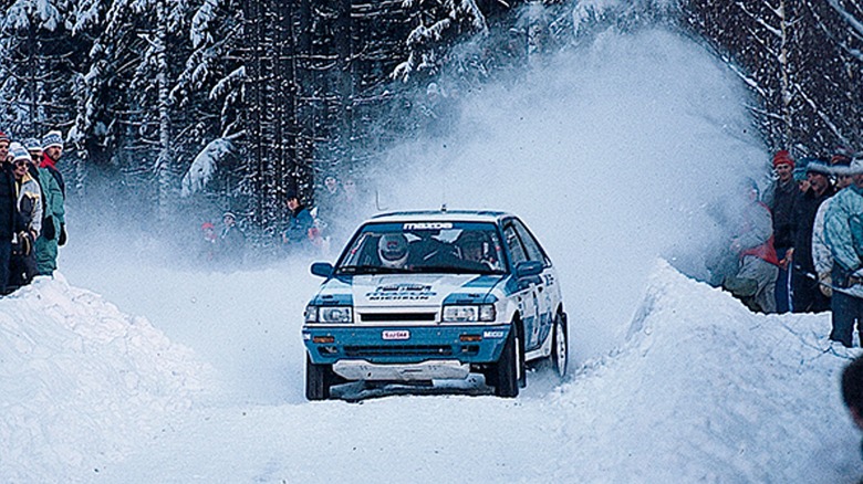 Mazda GTX rally car in snow